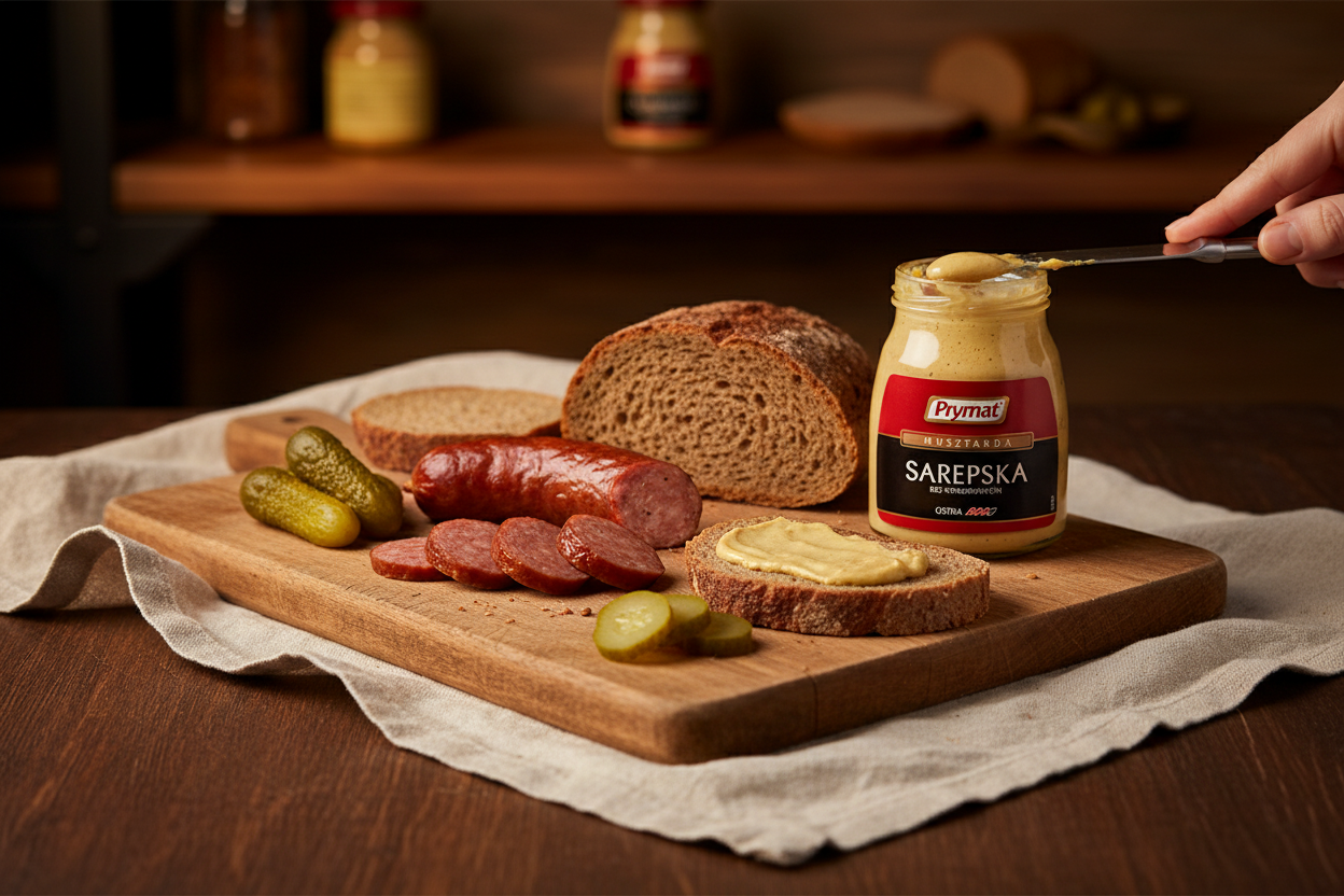 Prymat Sarepta mustard jar on a rustic deli board with kielbasa, rye bread and pickled gherkins