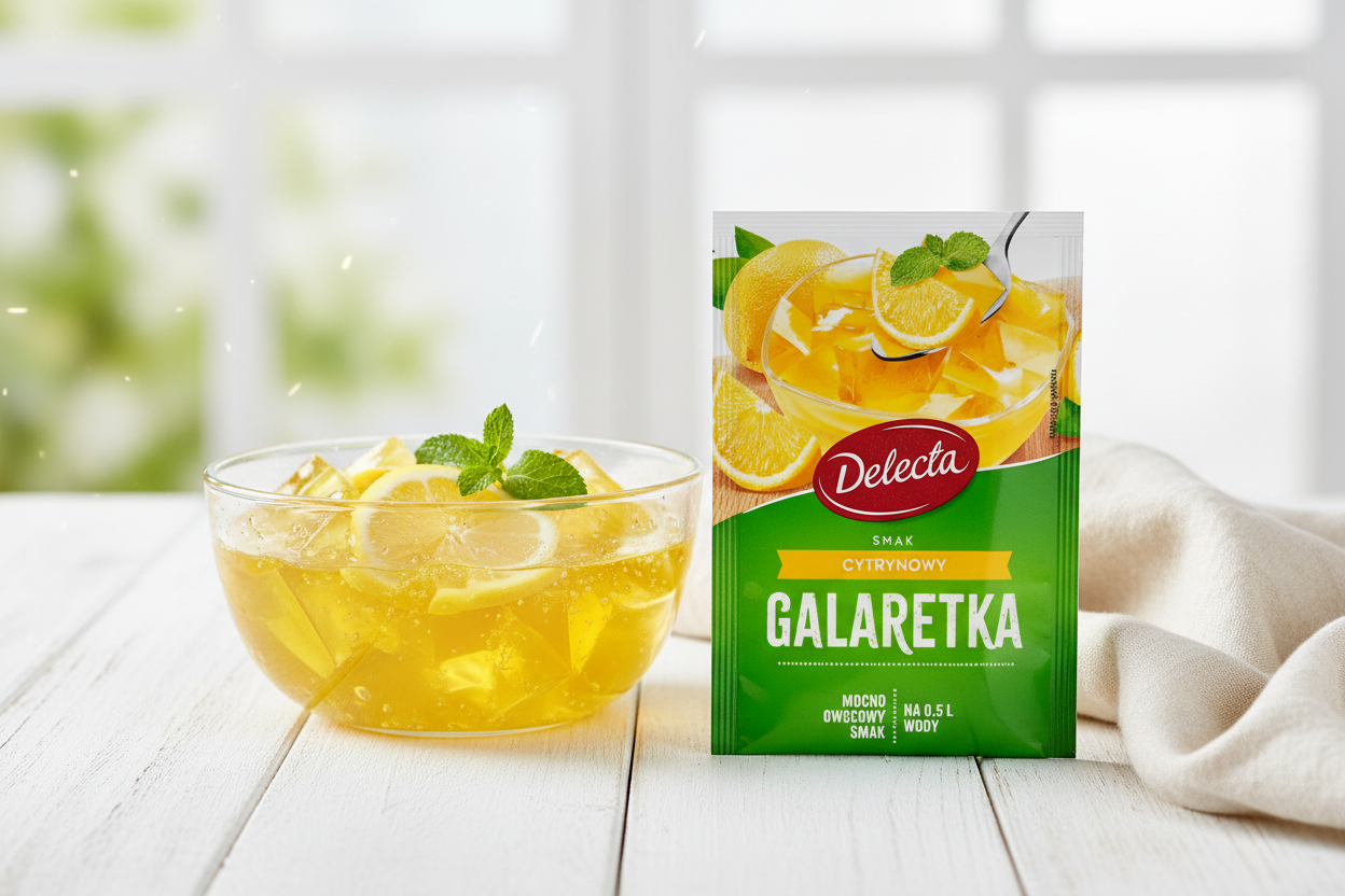 Delecta lemon jelly packet beside a set golden lemon jelly in a glass bowl with fresh lemon slices and mint leaves