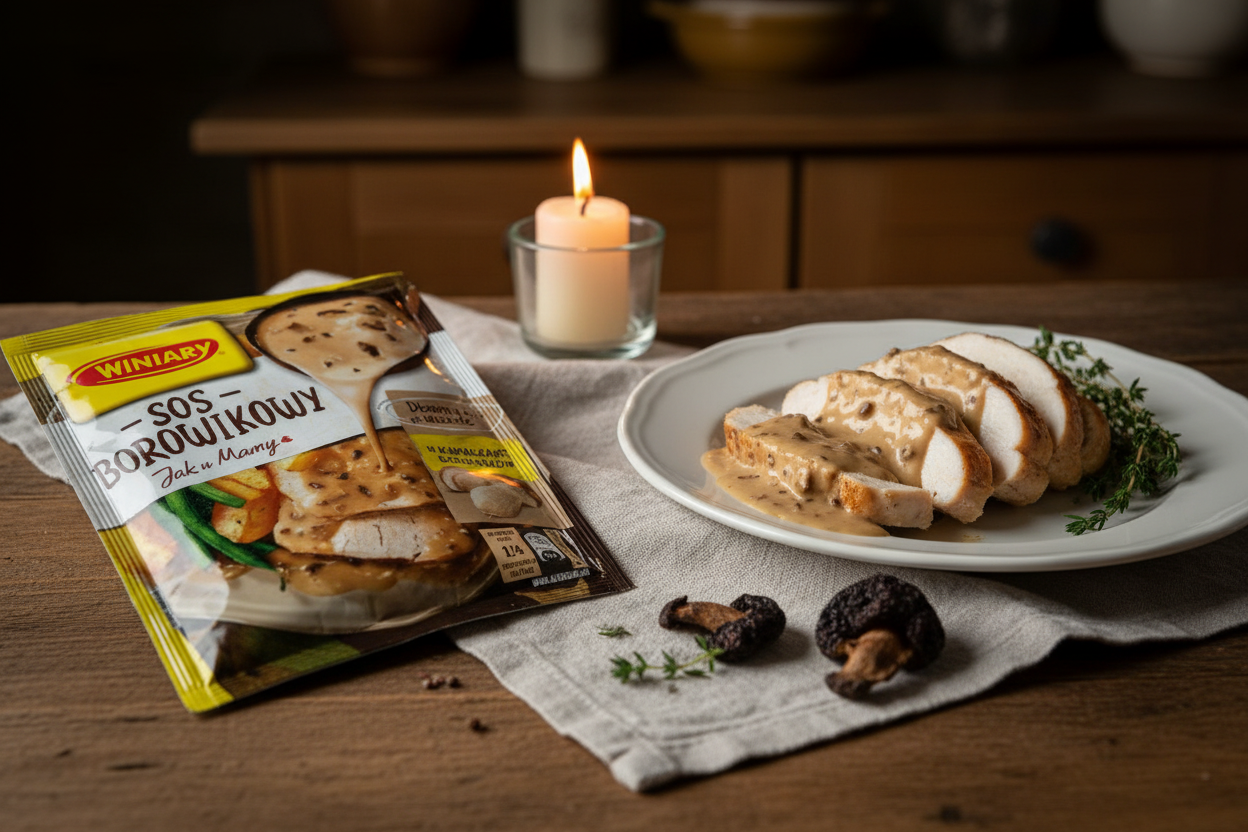 Winiary porcini mushroom sauce packet on a wooden table with sliced chicken breast on a white plate with rich creamy porcini mushroom sauce poured over it and whole dried porcini mushrooms and fresh thyme alongside