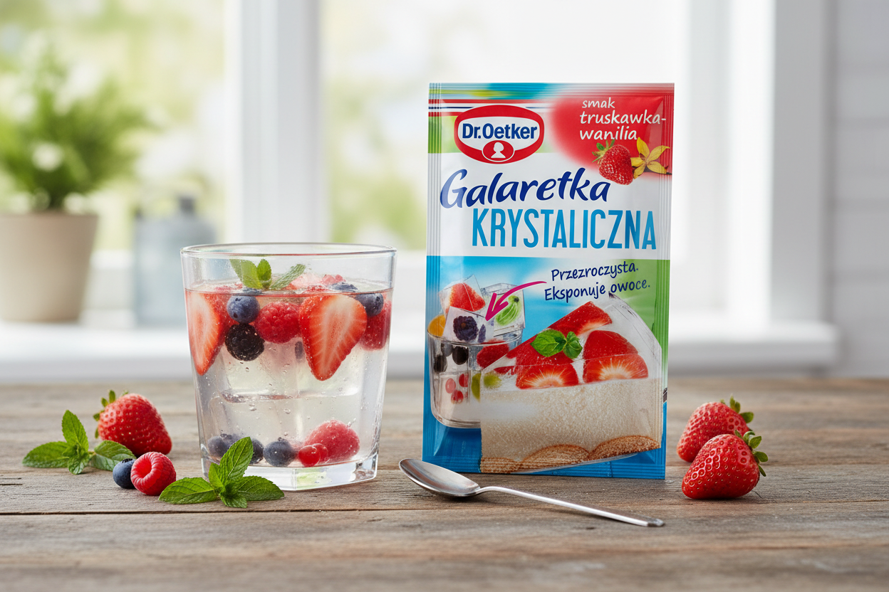 Dr. Oetker crystal jelly packet beside a clear jelly dessert with fresh strawberries and berries