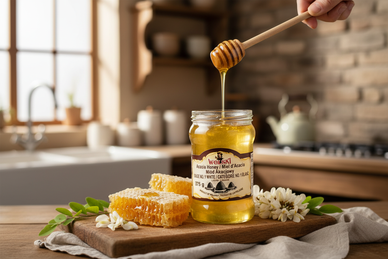 Weski acacia honey jar on a rustic farmhouse kitchen board with honeycomb and acacia blossoms