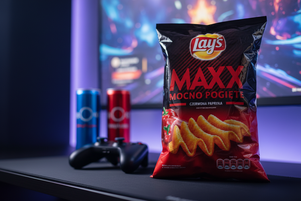Lay's Maxx Paprika chips on gaming setup desk with controller