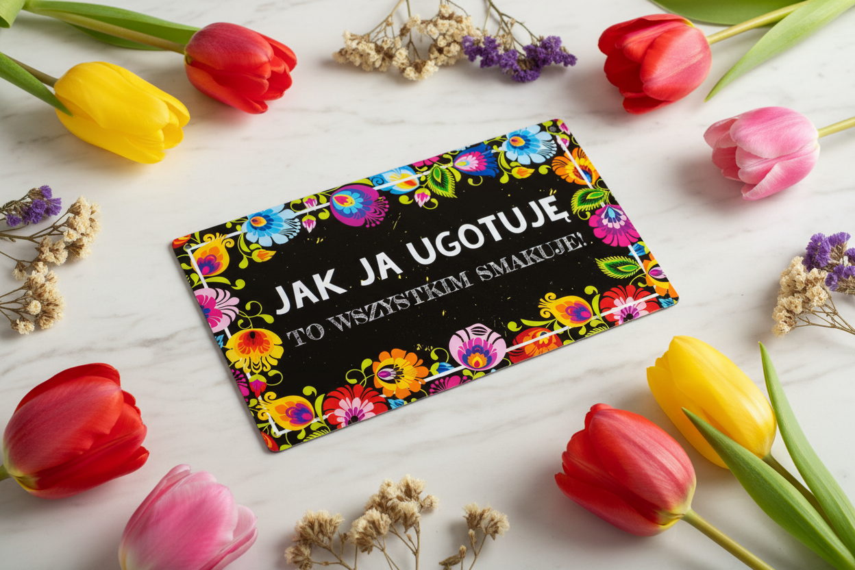 Folkstar Jak Ja Ugotuję metal sign flat lay on marble surface with fresh tulips and dried wildflowers