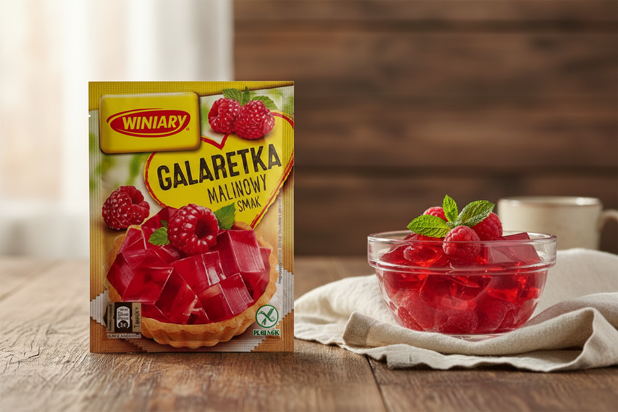 Winiary raspberry jelly packet on a wooden table with a jewel-bright ruby raspberry jelly set in a glass dessert bowl with fresh raspberries and mint sprig alongside