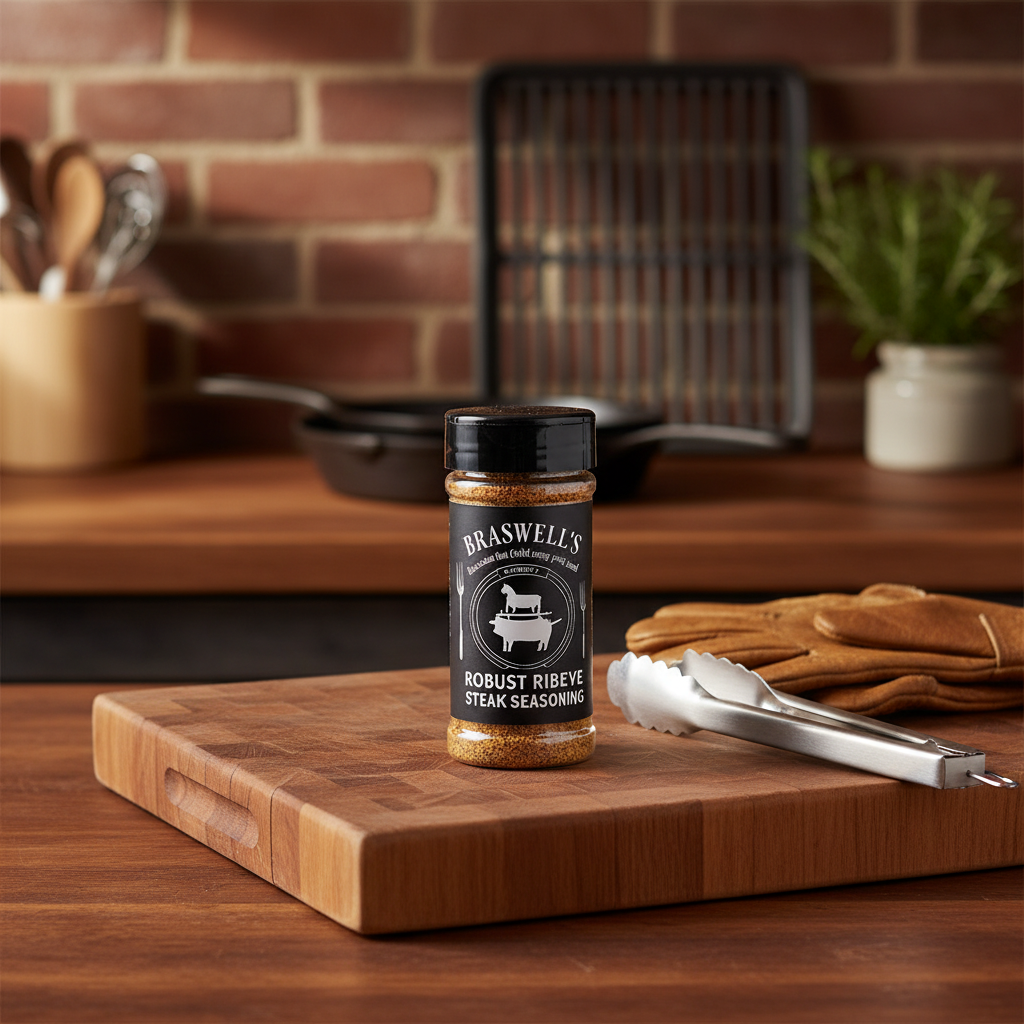 Braswell's Robust Ribeye Steak Seasoning jar with premium rustic background