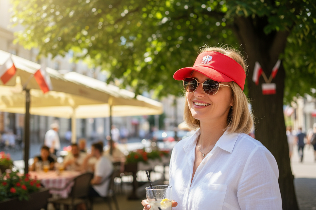 Red Polish sun visor with white eagle crest worn outdoors on a sunny day