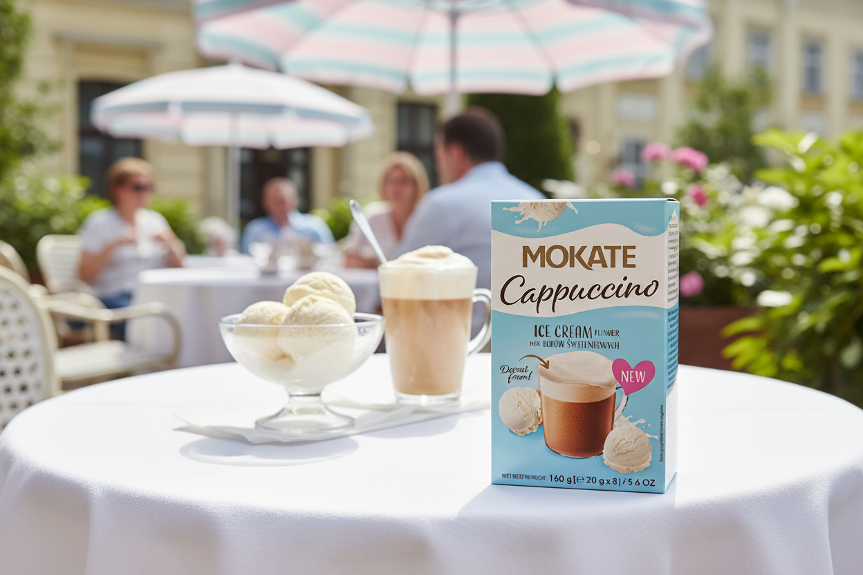 Mokate Cappuccino Ice Cream Flavour on a sunny outdoor café patio