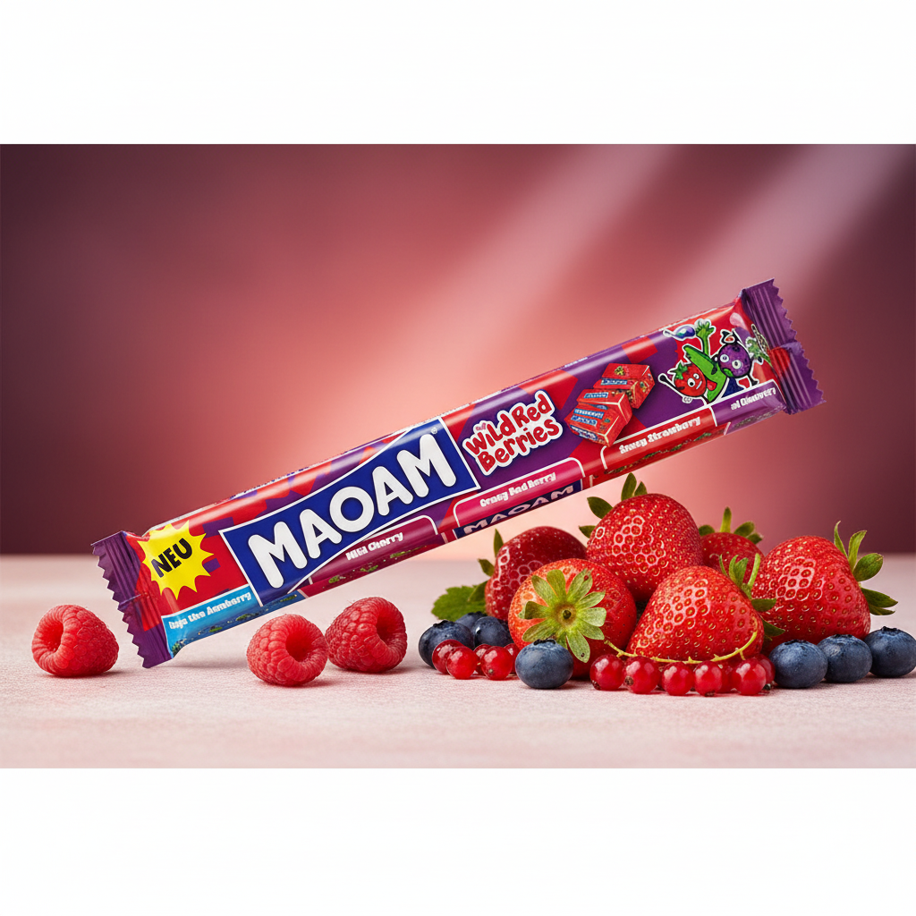 Maoam Wild Red Berries 5-pack with premium background