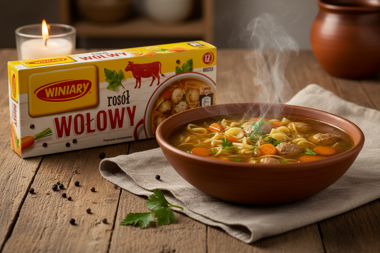 Winiary beef broth 12-cube box on a wooden table with a steaming bowl of rich dark golden beef broth with pasta shapes carrots and parsley and black peppercorns