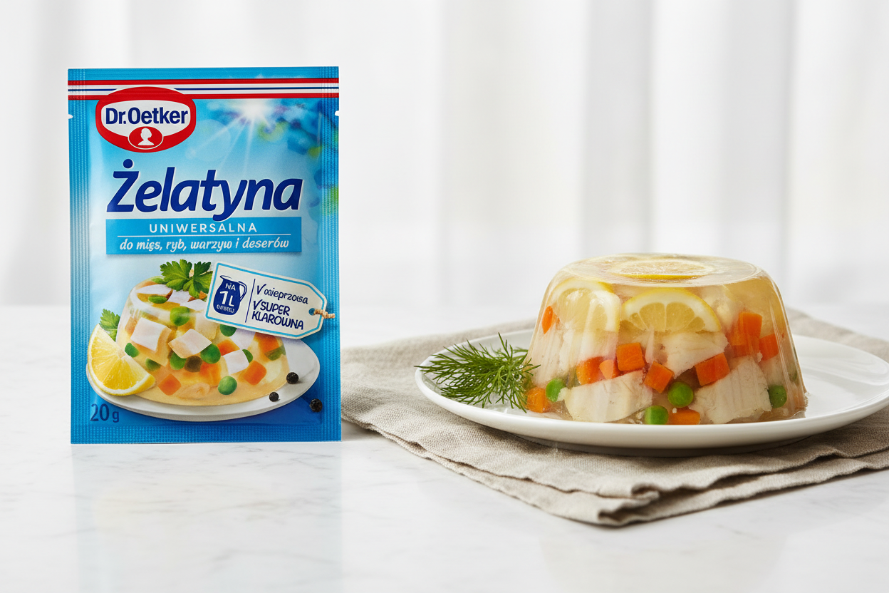 Dr. Oetker universal gelatin packet on a marble surface with a clear fish aspic terrine with lemon slices and vegetables and fresh dill garnish