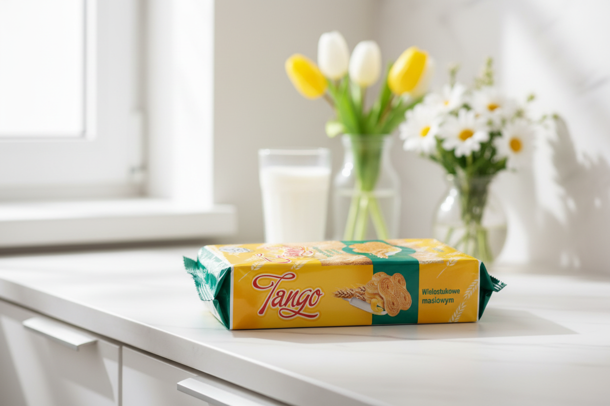 Tango butter cookies on modern kitchen counter with milk and fresh flowers