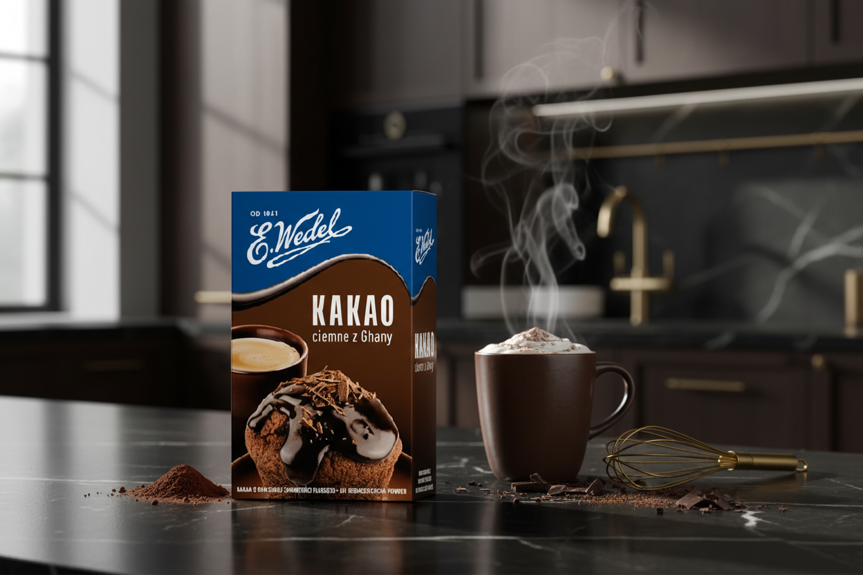 E. Wedel Dark Cocoa Powder on dark marble counter with hot chocolate