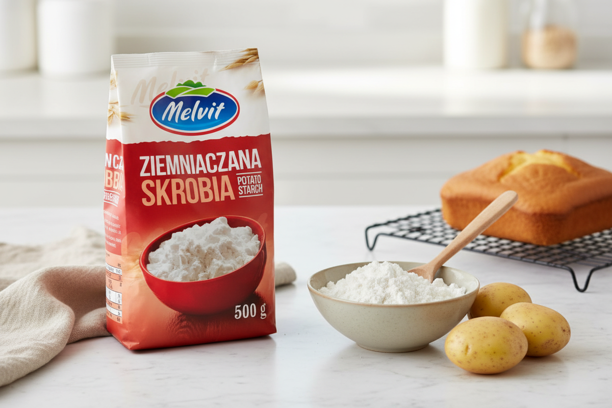 Melvit potato starch bag on a white marble counter with a bowl of starch, fresh potatoes and a golden sponge cake on a wire rack