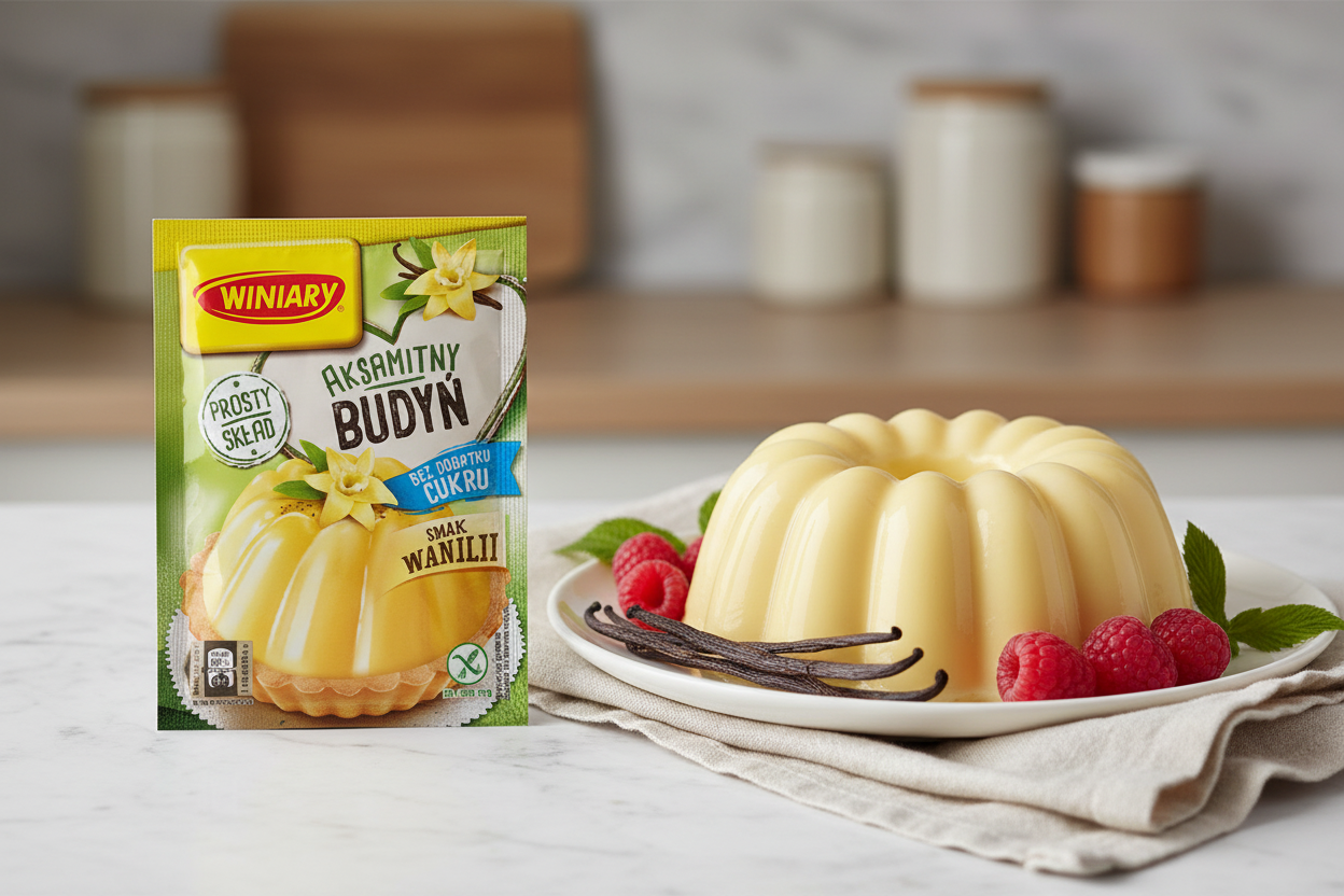 Winiary sugar-free vanilla pudding packet on a white marble surface with a smooth pale golden vanilla pudding unmoulded in a bundt shape on a white plate with fresh vanilla pods and raspberries