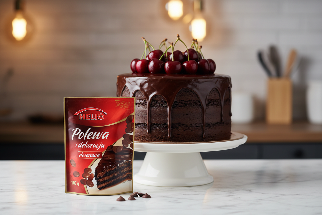 Helio chocolate glaze mix beside a glossy chocolate layer cake with cherries on a marble surface