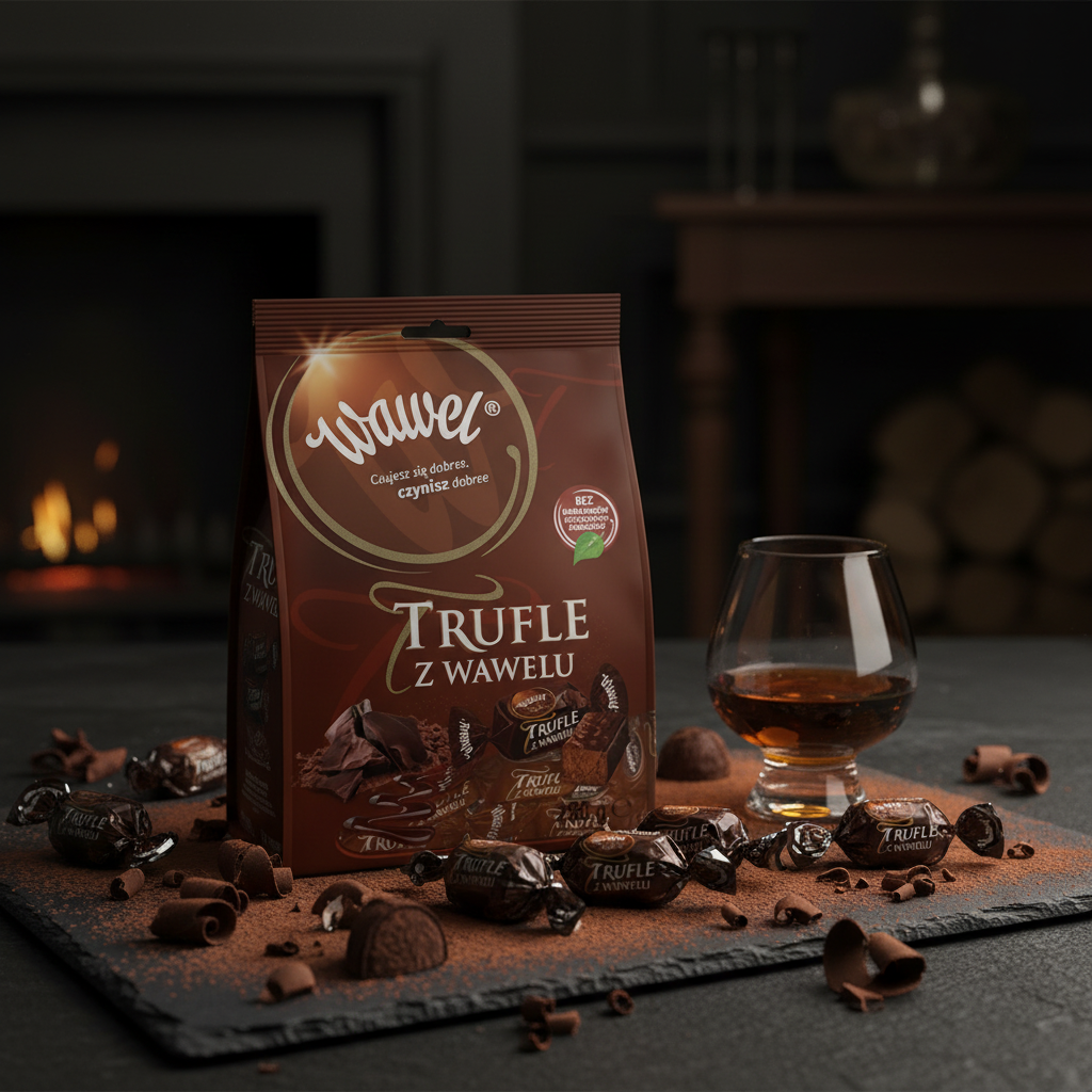 Wawel Trufle z Wawelu dark chocolate truffles on a slate surface with cognac