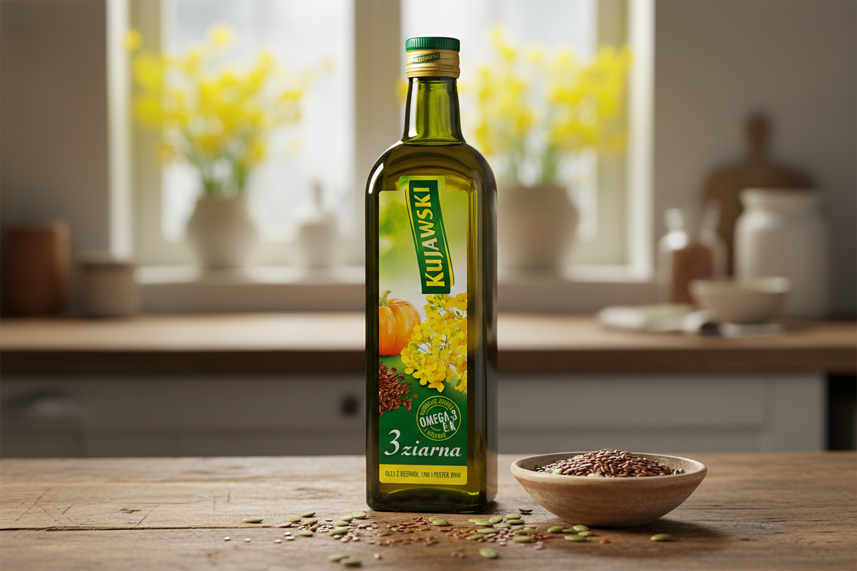Kujawski 3 Ziarna oil bottle on a rustic kitchen counter with seeds and rapeseed flowers