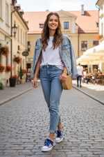 Young woman wearing Folkstar Kashubian folk sneakers walking on a sunny European cobblestone street