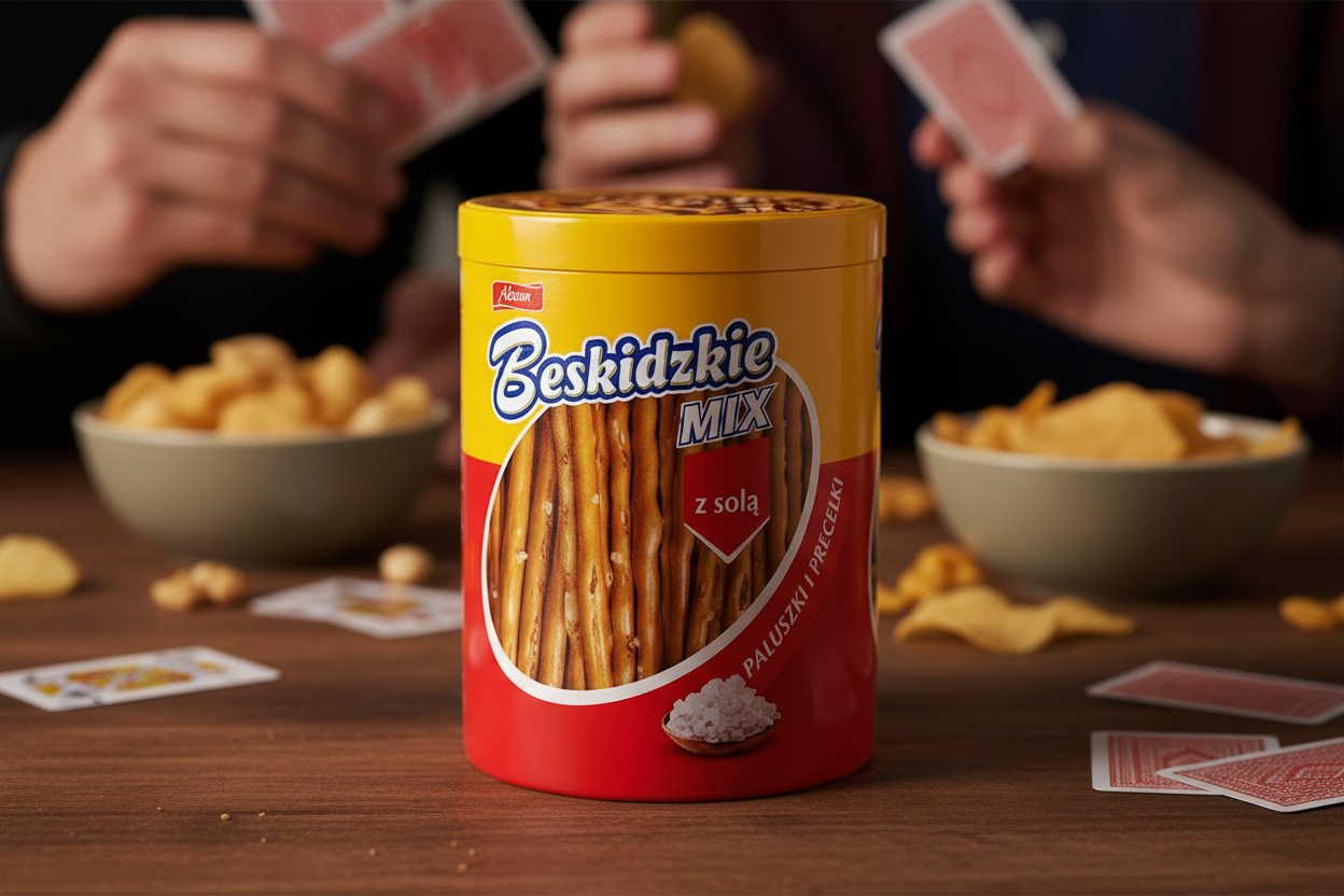 Beskidzkie Mix salted breadsticks canister on game night table