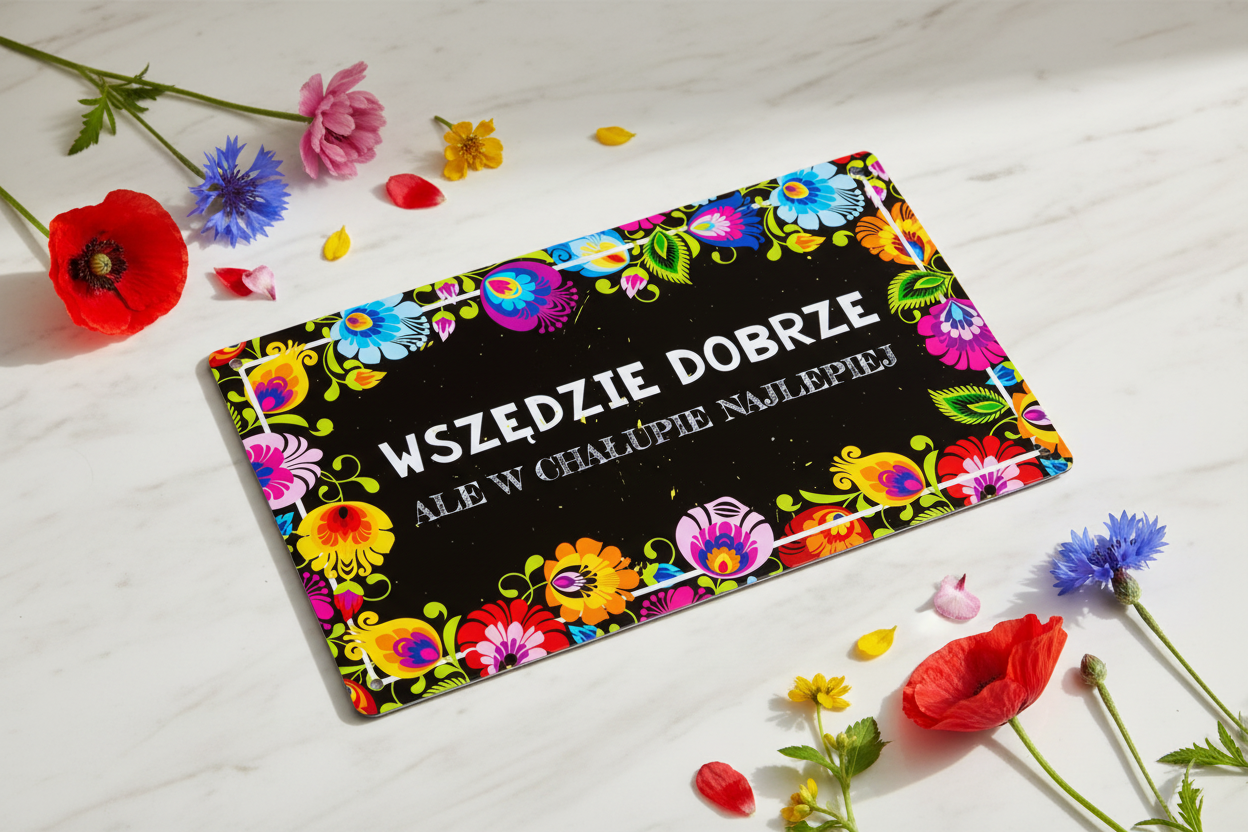 Folkstar Wszędzie Dobrze metal sign flat lay on marble surface with fresh flowers