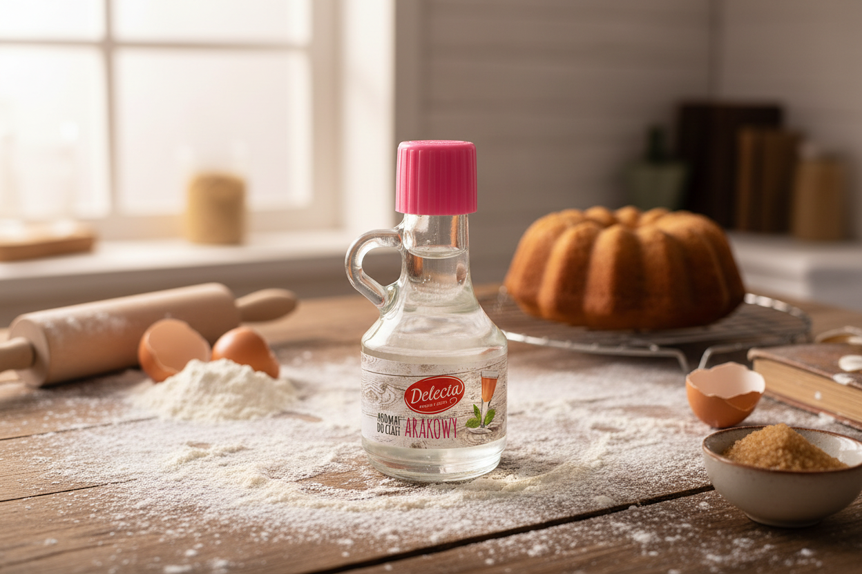 Delecta Aromat Arakowy bottle on a rustic kitchen table with baking ingredients