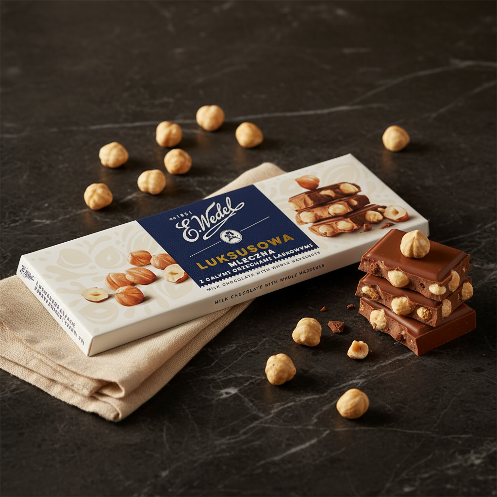 E. Wedel Luksusowa hazelnut chocolate bar on dark marble with whole hazelnuts and warm side lighting
