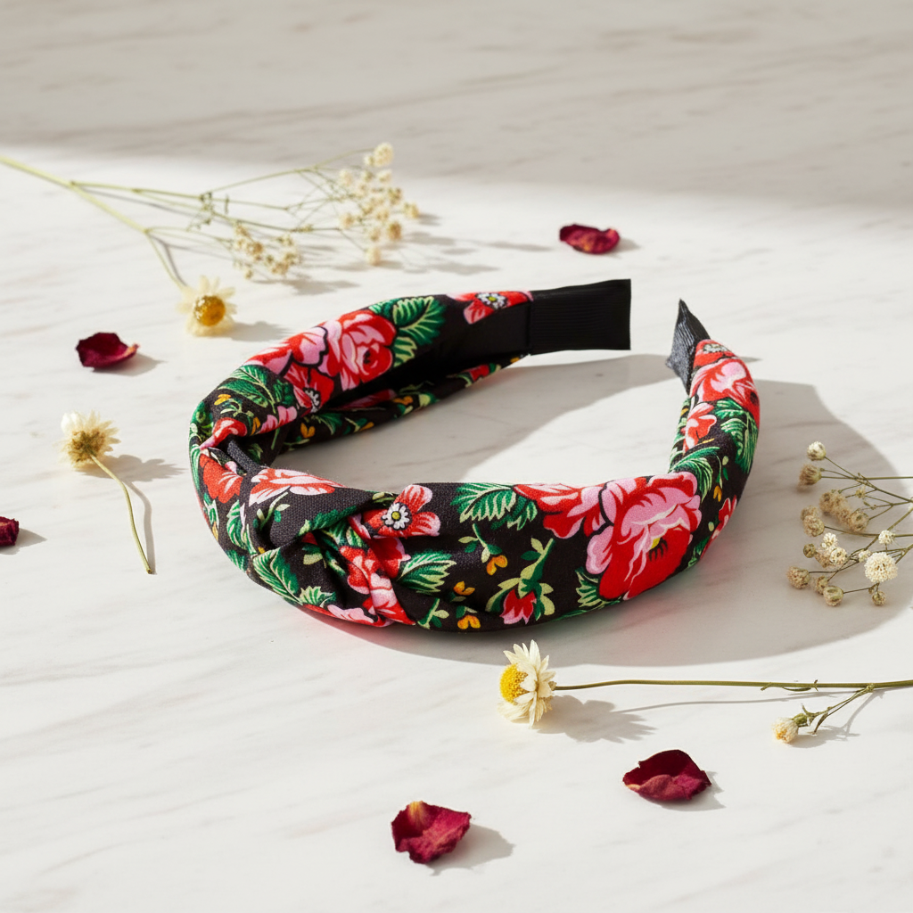 Folkstar mountain folk headband on marble surface with dried wildflowers