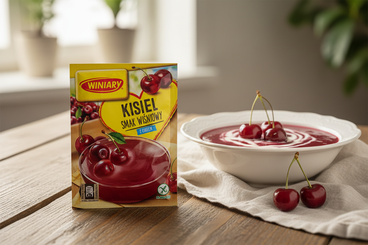 Winiary cherry kisiel packet on a wooden table with a deep ruby red cherry kisiel in a white ceramic bowl with fresh whole cherries with stems and a swirl of cream alongside