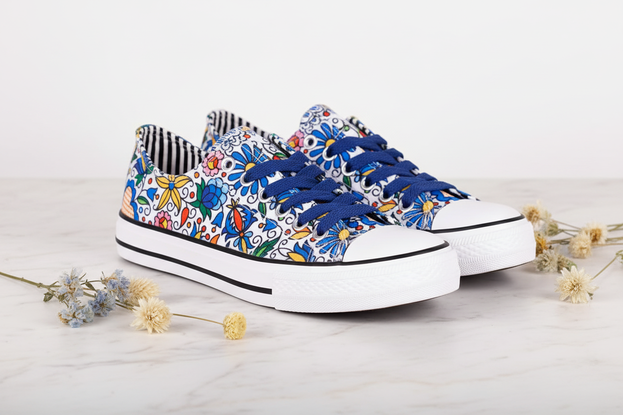 Folkstar Kashubian folk sneakers on marble surface with dried wildflowers