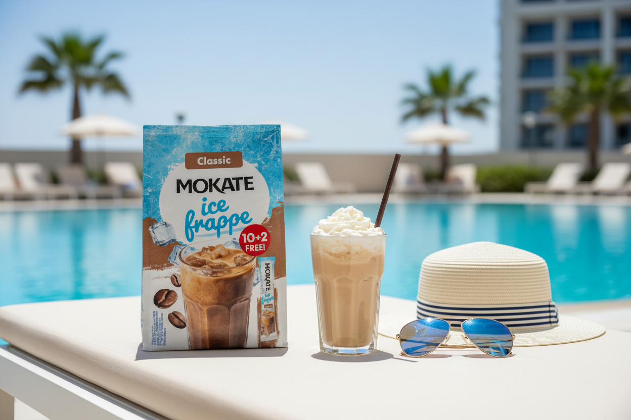 Mokate Ice Frappe Classic by a poolside with a tall iced frappe glass and summer accessories