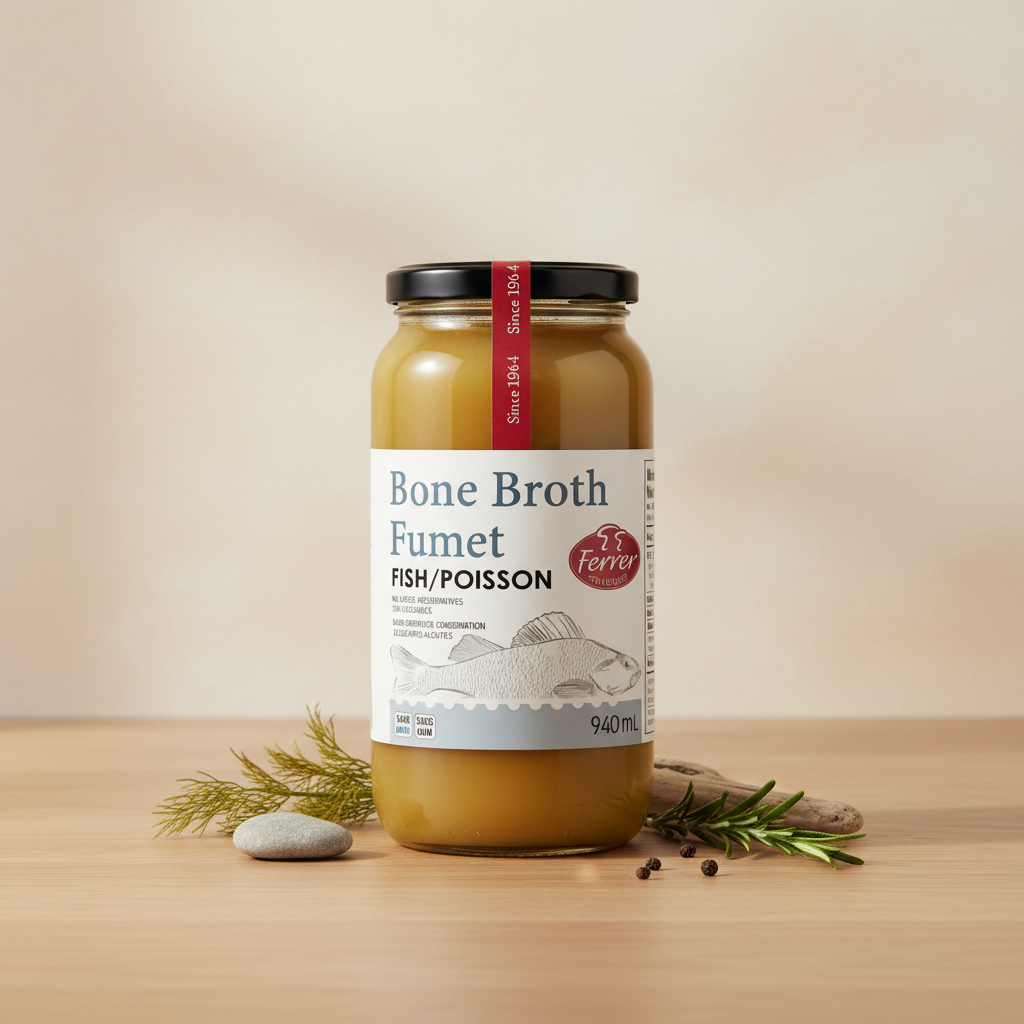 Ferrer Fish Bone Broth jar with premium background