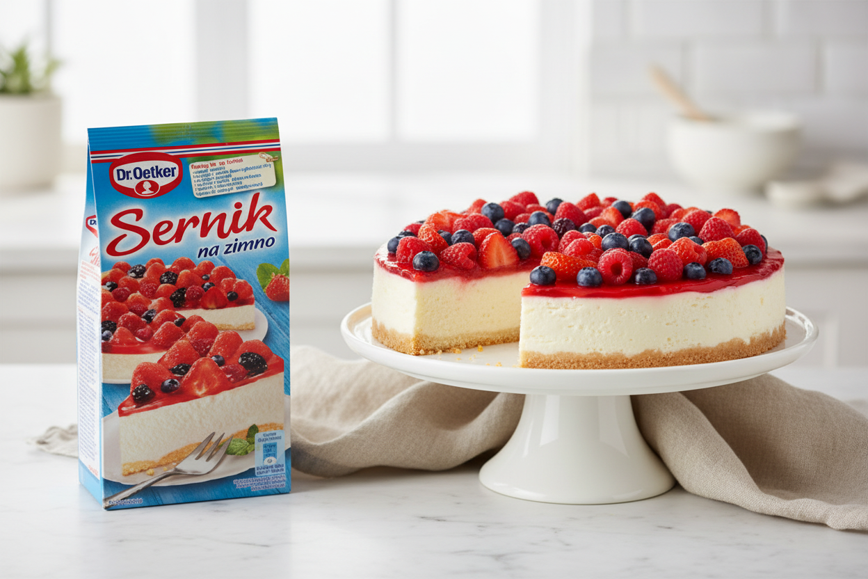 Dr. Oetker Sernik na Zimno box beside a no-bake Polish cheesecake topped with fresh strawberries blueberries and raspberries on a white cake stand