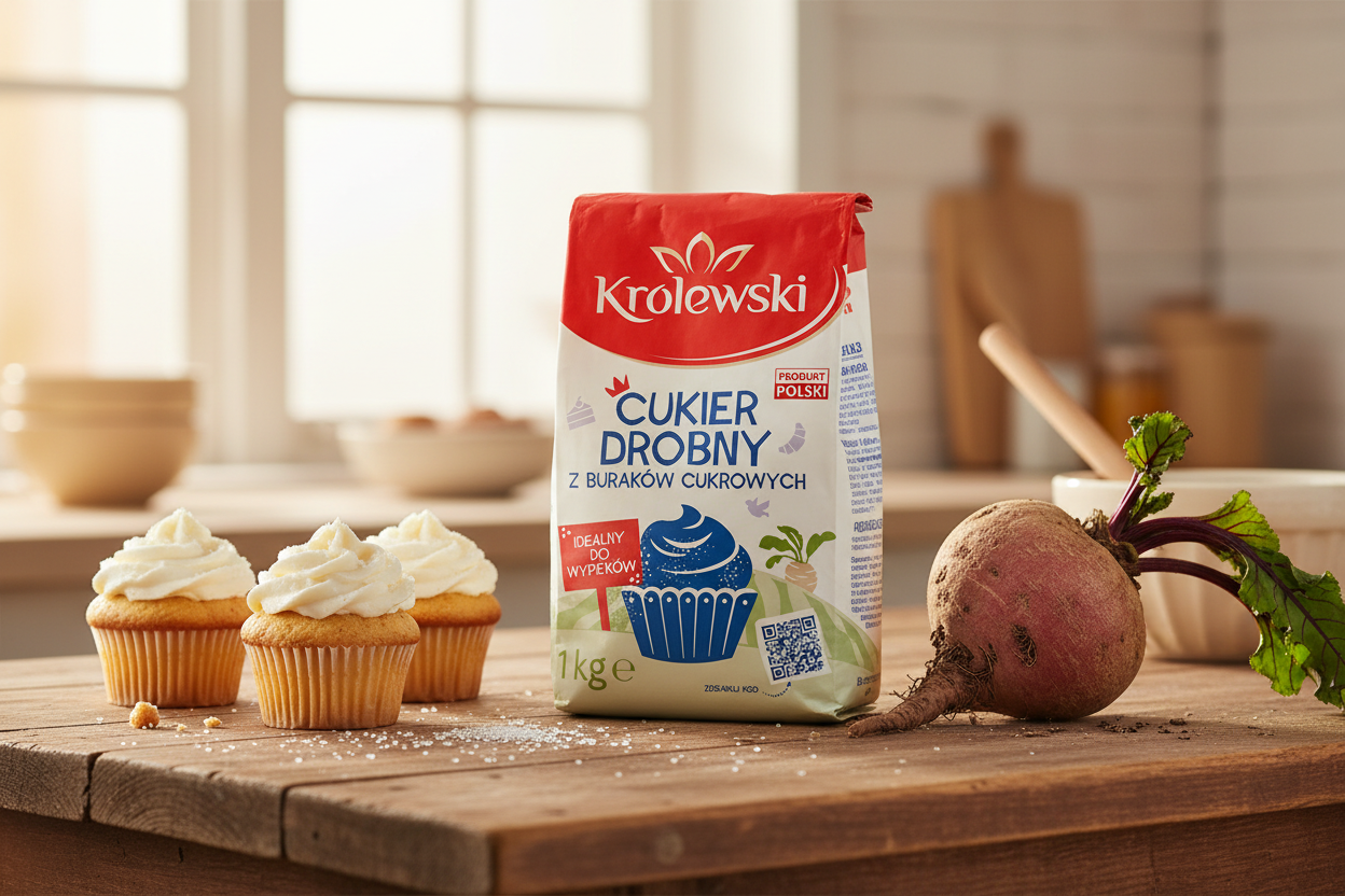 Królewski fine sugar bag on a kitchen table with freshly baked cupcakes and a sugar beet