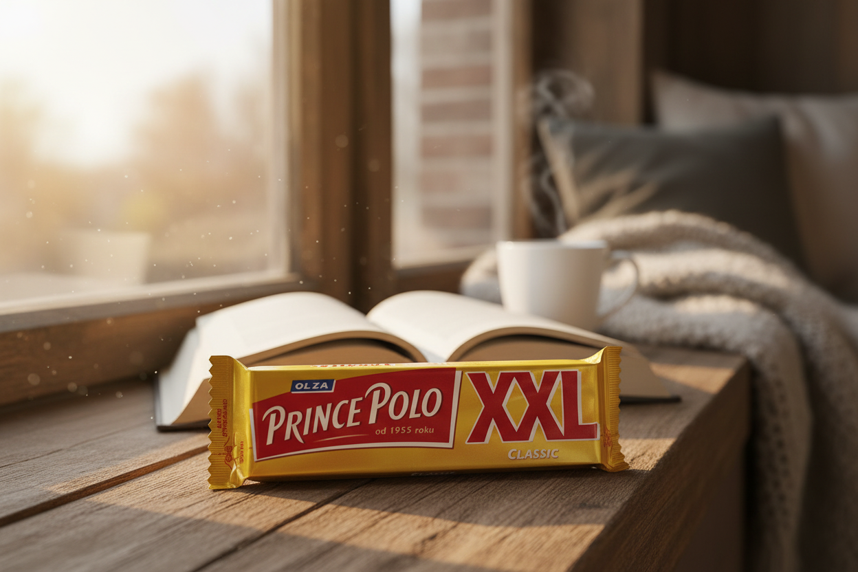 Prince Polo XXL chocolate wafer bar in cozy reading nook