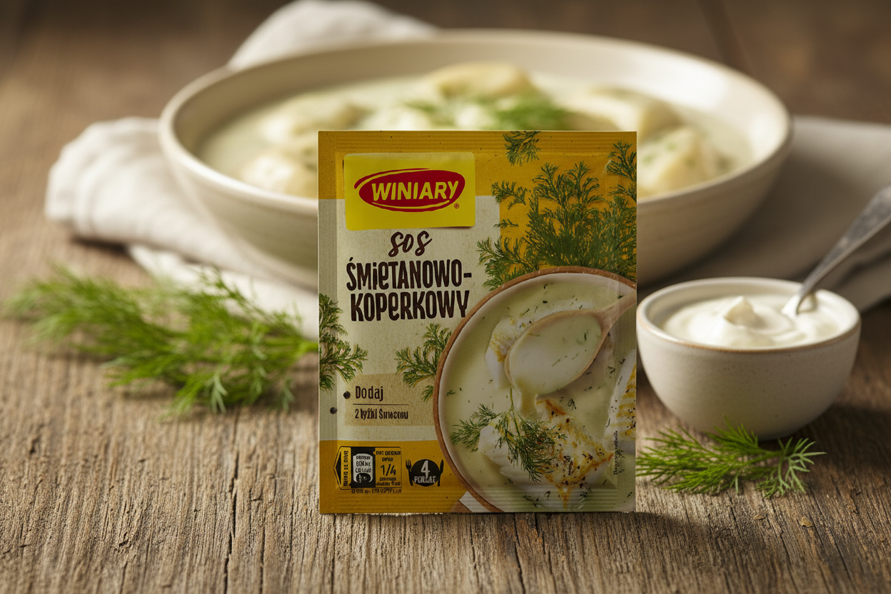 Winiary sour cream and dill sauce packet on a rustic wooden table with pale creamy dill sauce in ceramic bowl with pierogi and abundant fresh dill fronds and small bowl of sour cream alongside