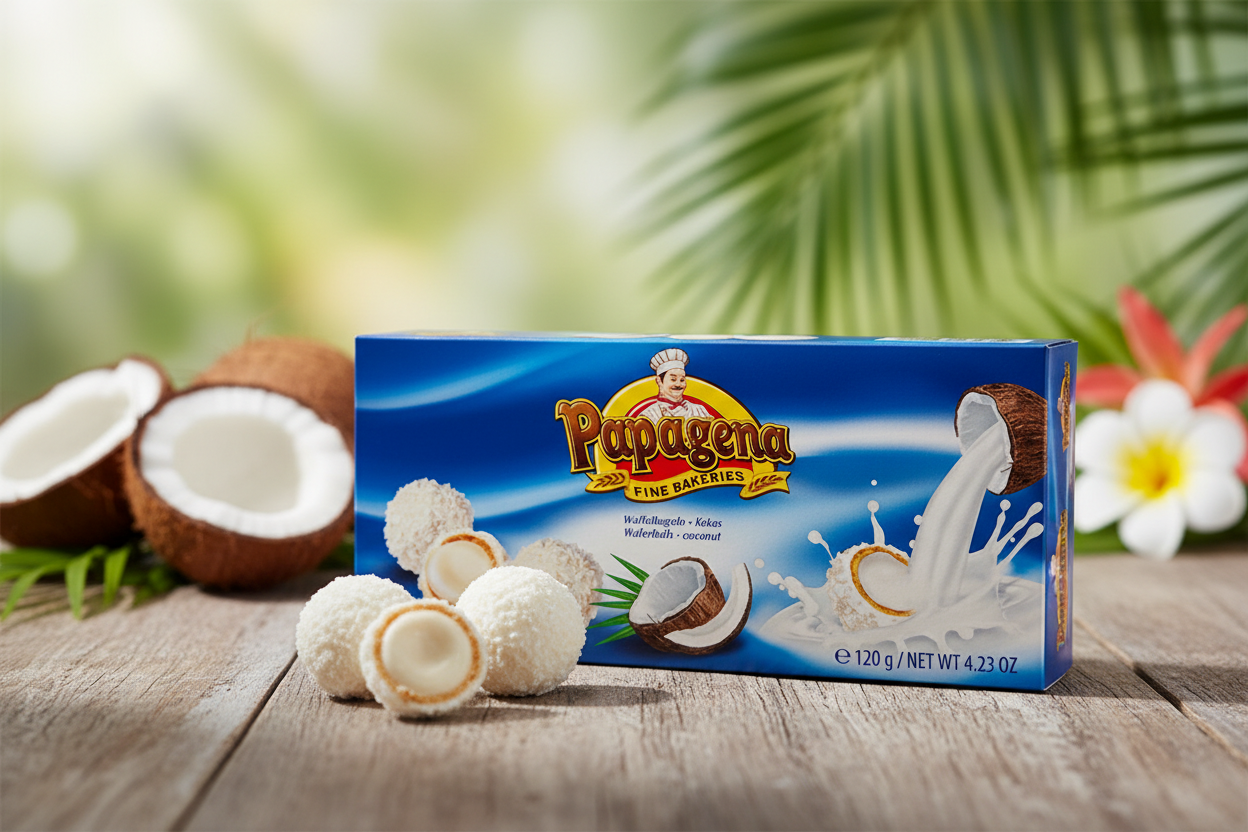 Papagena coconut wafer balls on tropical beach table with fresh coconut