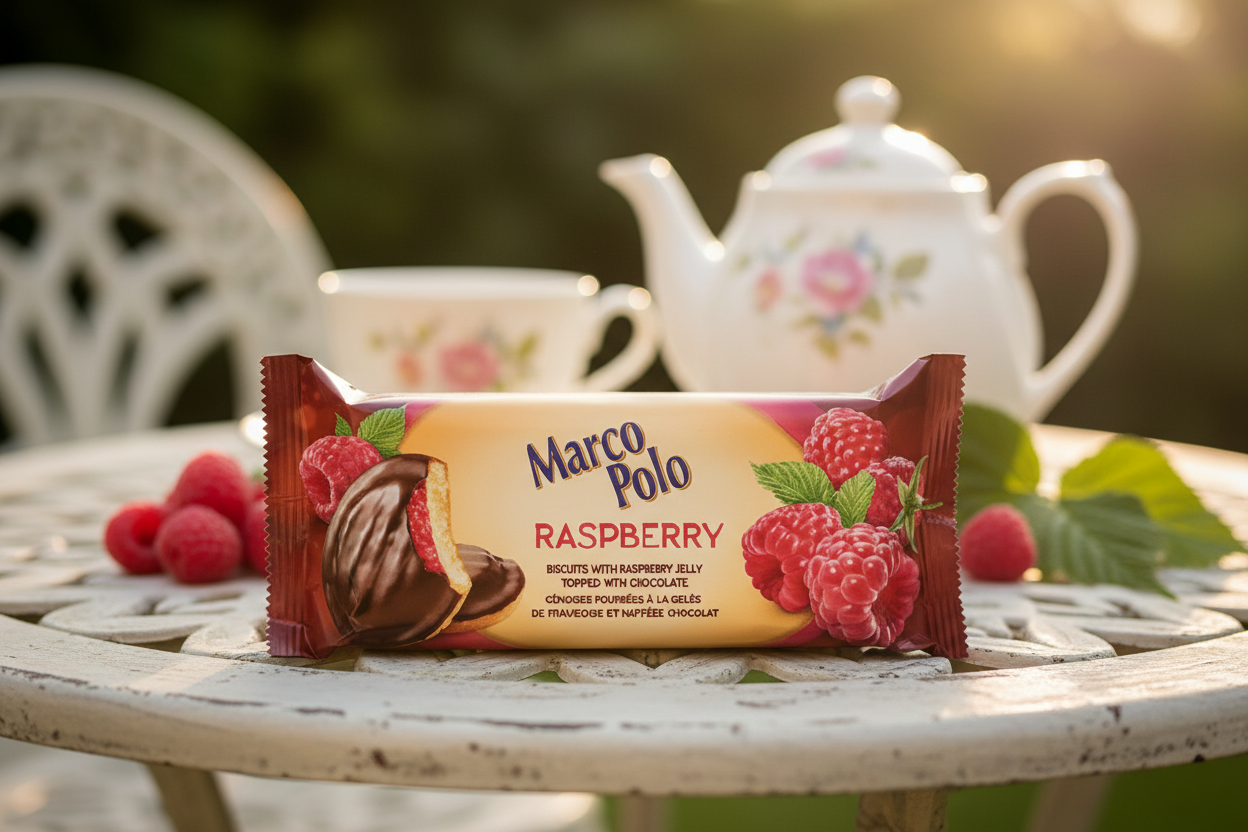 Marco Polo Jaffa Cakes raspberry on garden tea table with fresh raspberries