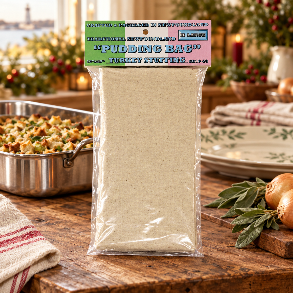 Packaged extra-large 10 by 20 inch Traditional Newfoundland Pudding Bag on a family feast prep table