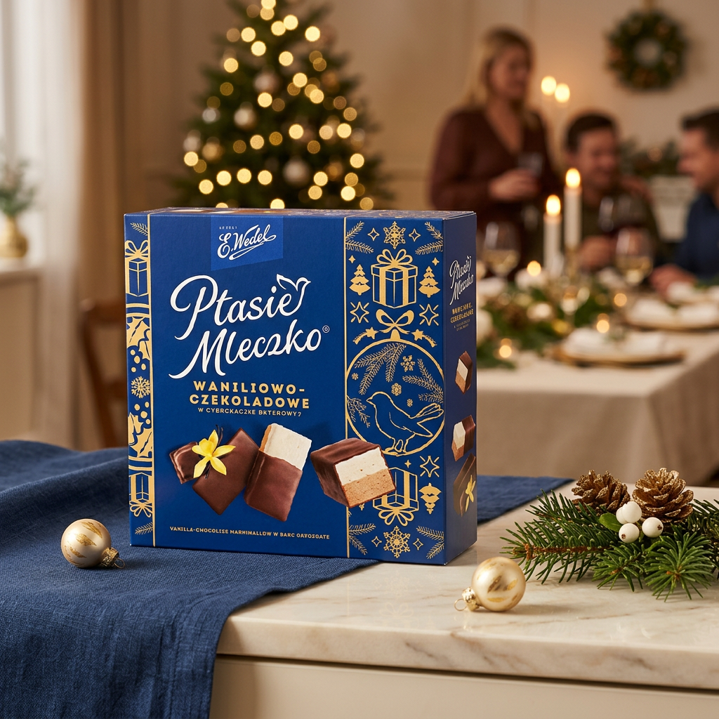 E. Wedel vanilla chocolate Christmas box on an elegant holiday dessert sideboard
