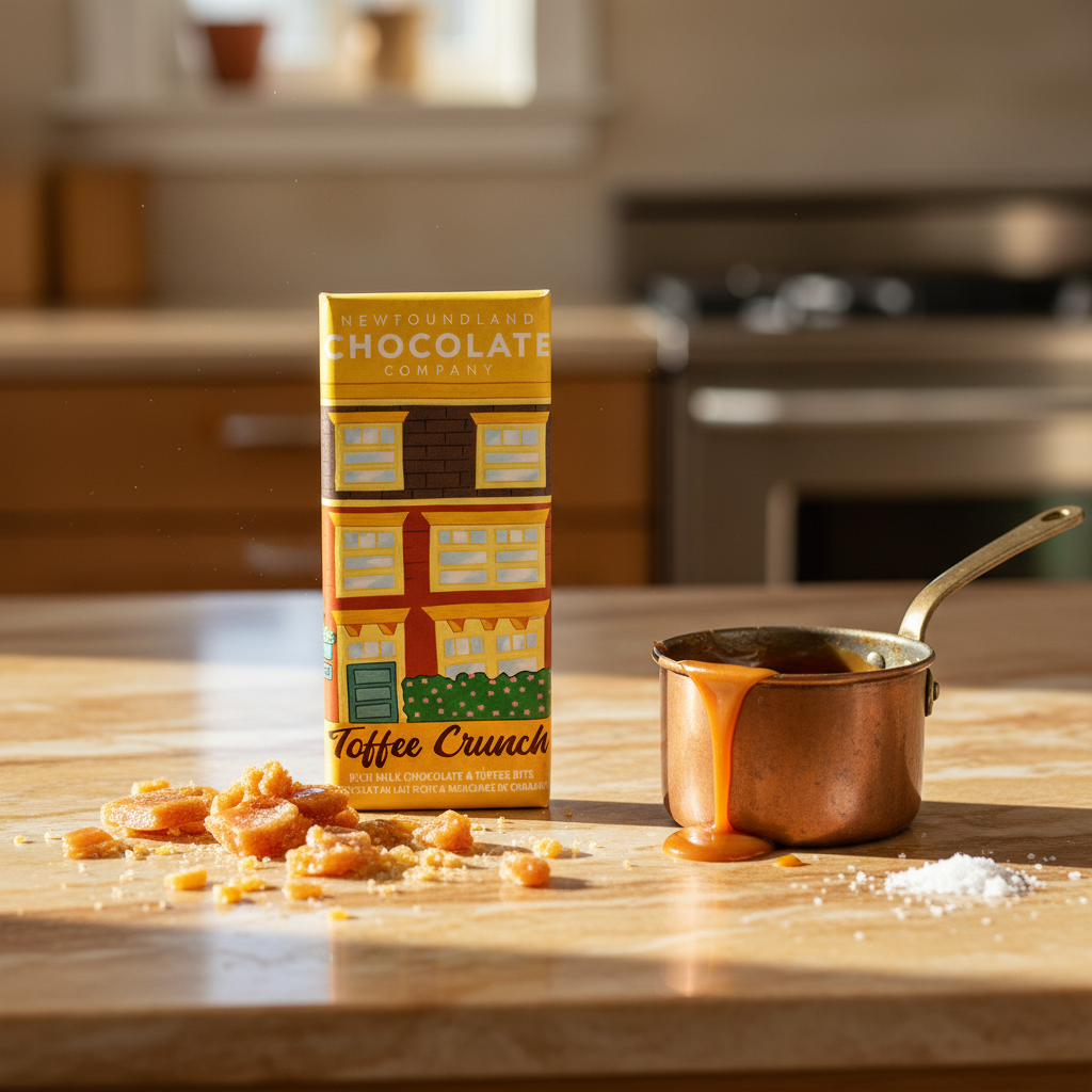Newfoundland Chocolate Company Toffee Crunch – golden kitchen lifestyle scene