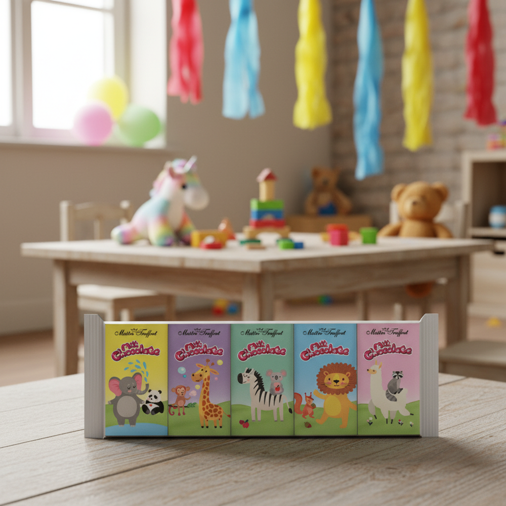 Maitre Truffout Kids Chocolate Bars with realistic children's party background