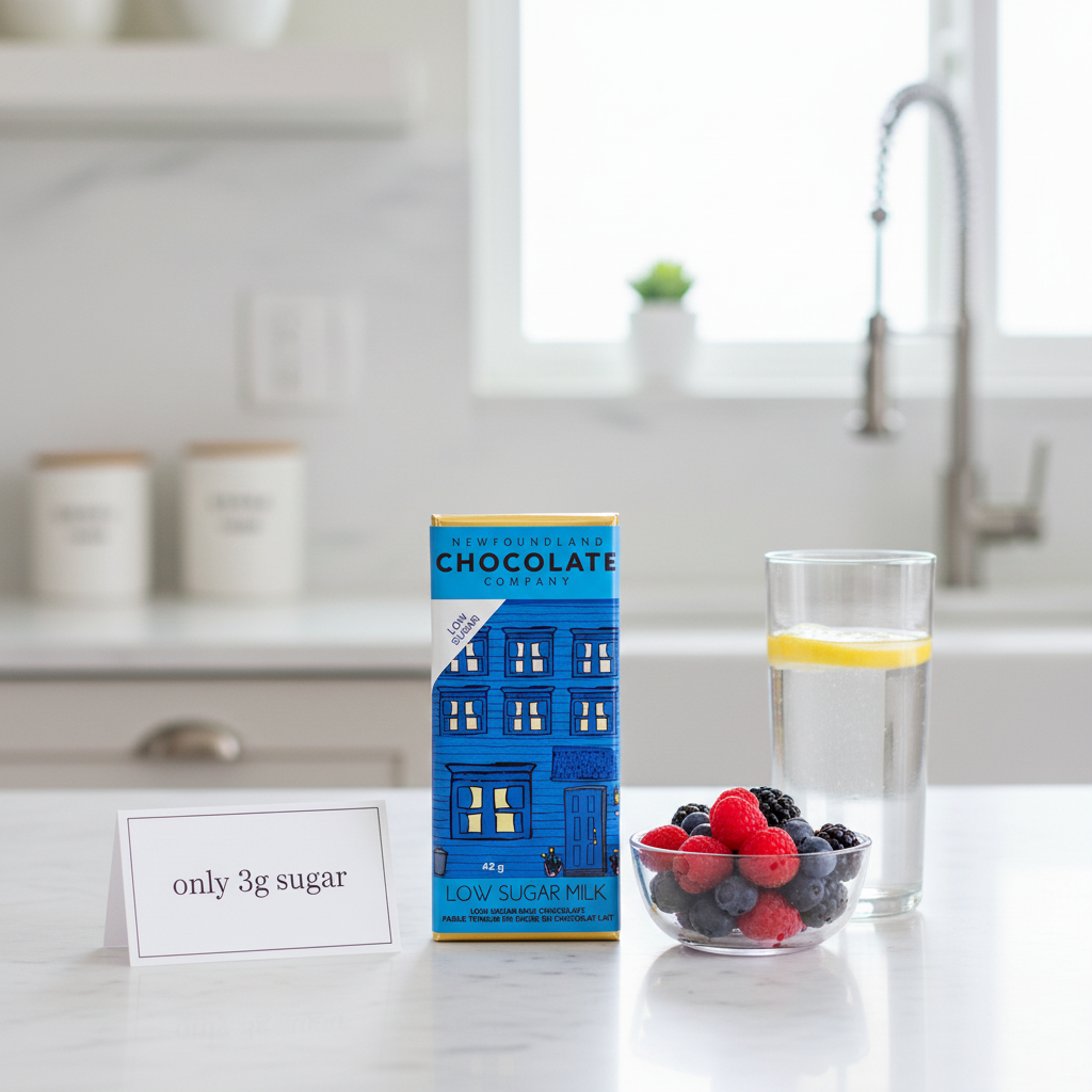 Newfoundland Chocolate Company Low Sugar Milk – clean modern kitchen lifestyle scene