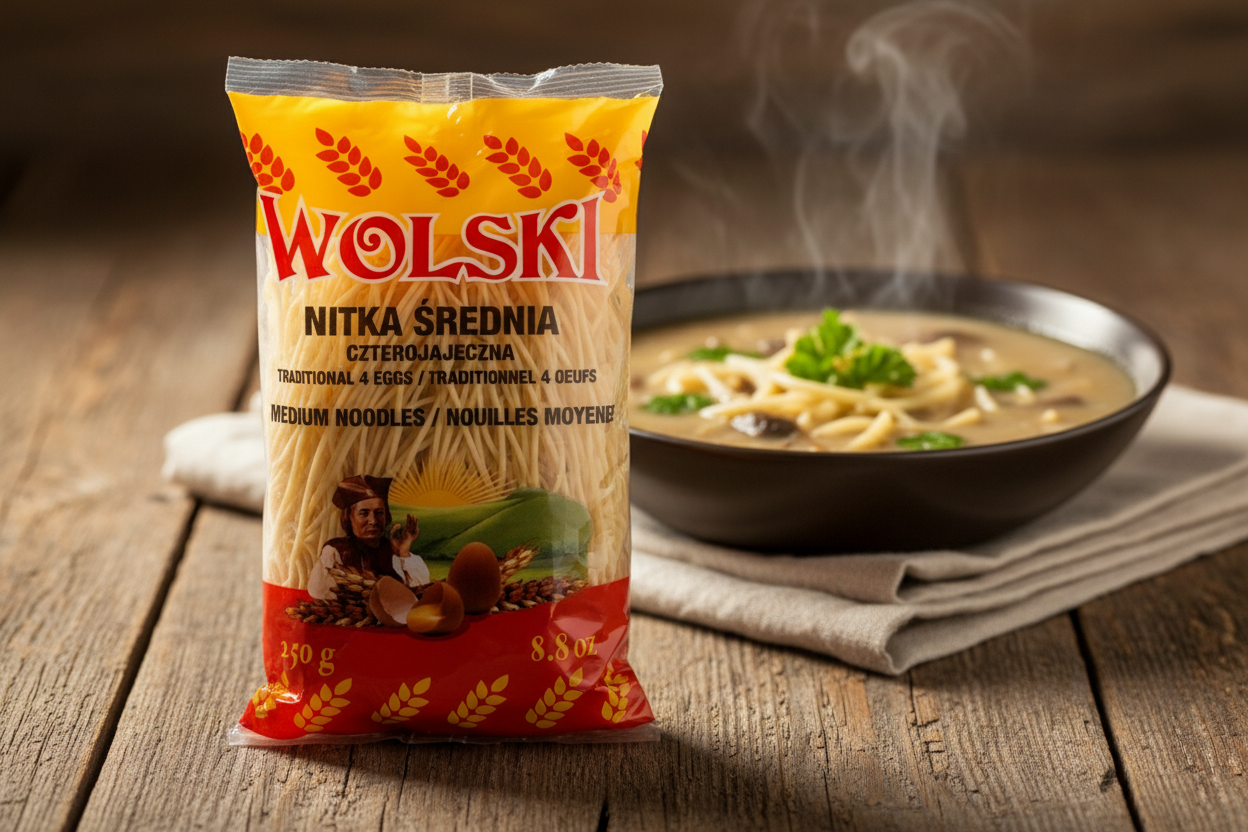 Wolski Nitka Średnia Polish medium noodles bag on a rustic wooden table with steaming bowl of creamy Polish zupa grzybowa mushroom soup with medium egg noodles and fresh parsley garnish in warm amber natural light