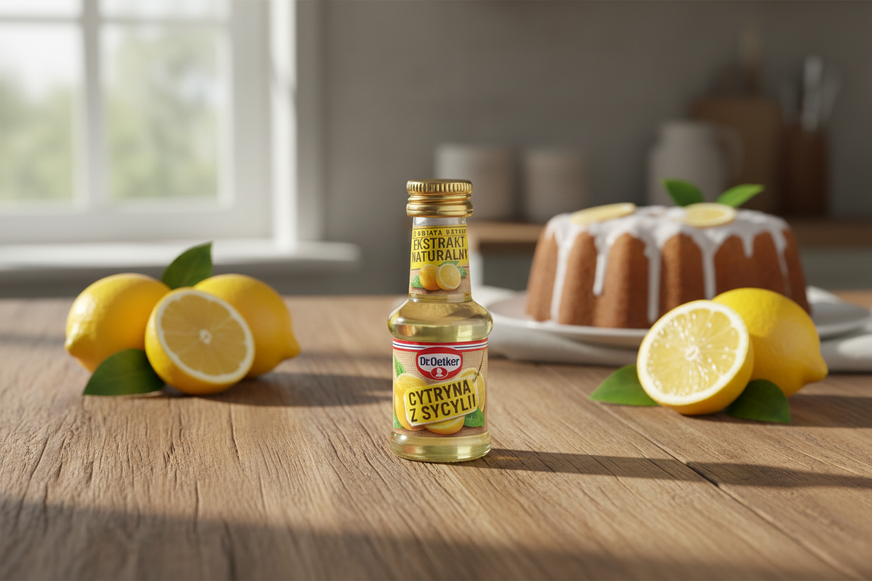 Dr. Oetker Sicilian lemon extract bottle on a kitchen table with fresh lemons and lemon tart