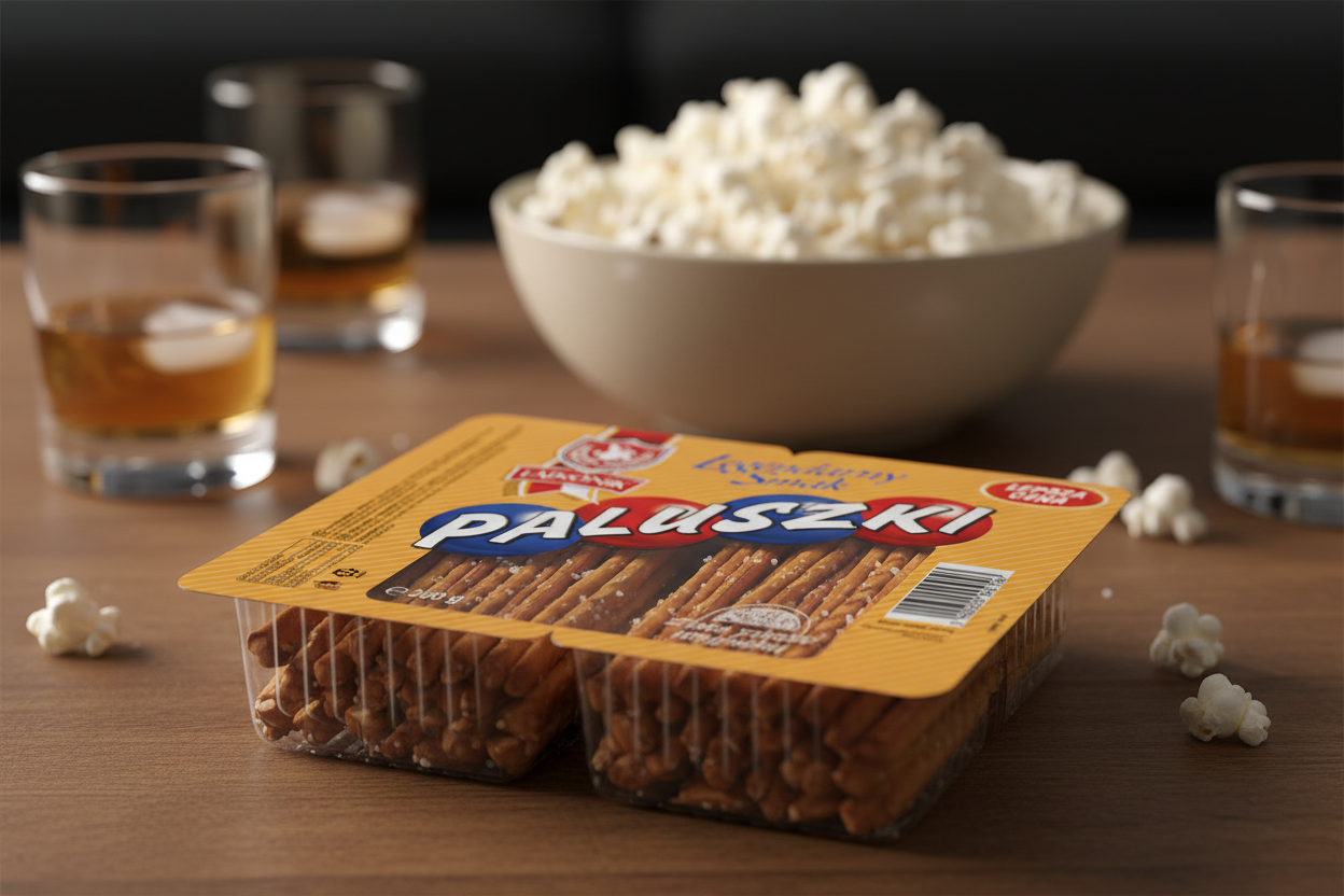 Lajkonik salted breadsticks 2-pack on movie night coffee table