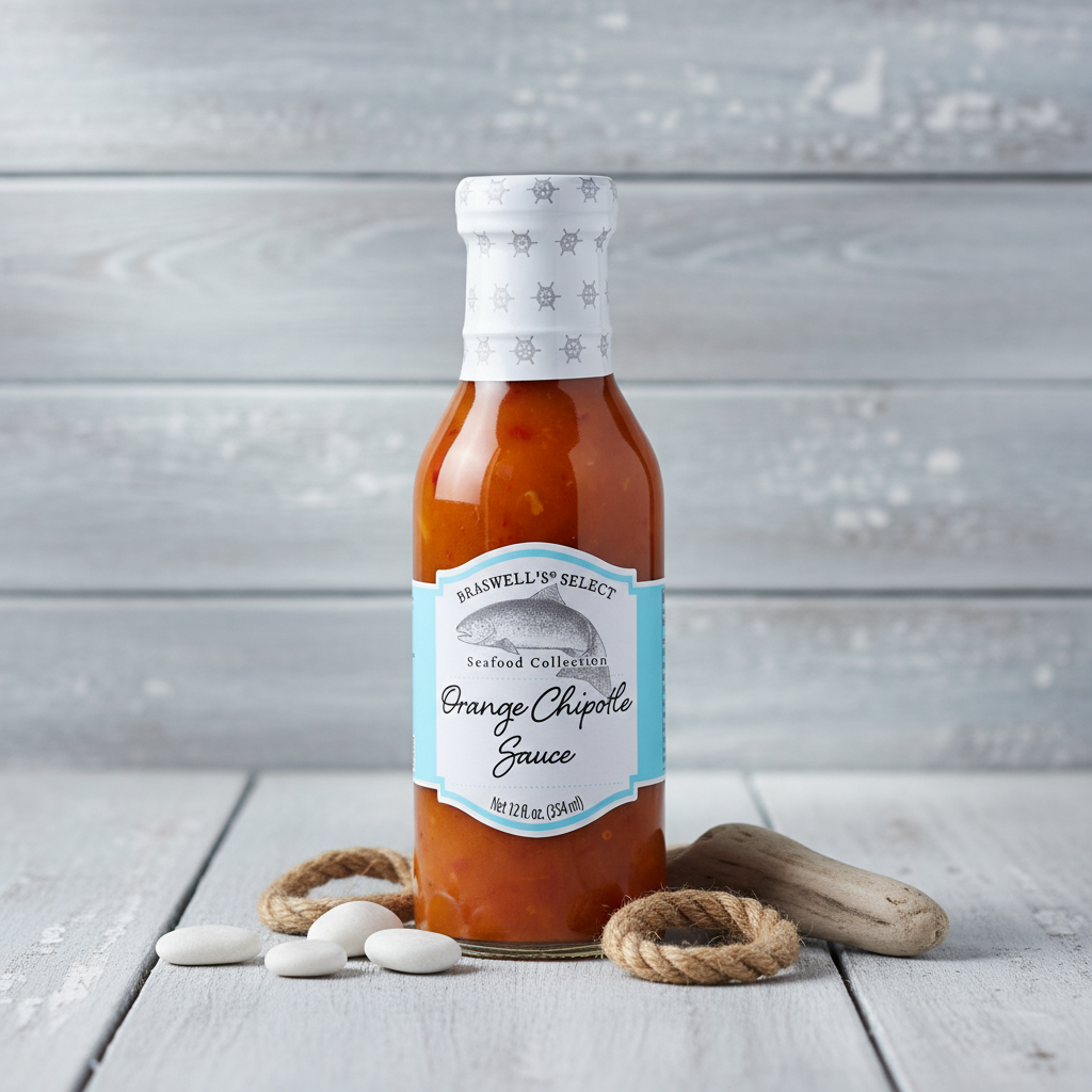 Braswell's Orange Chipotle Sauce bottle with premium coastal background