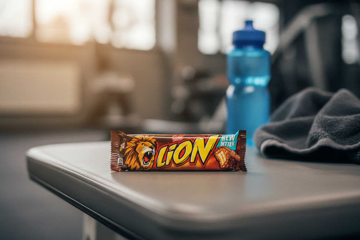 Lion chocolate bar in active gym setting