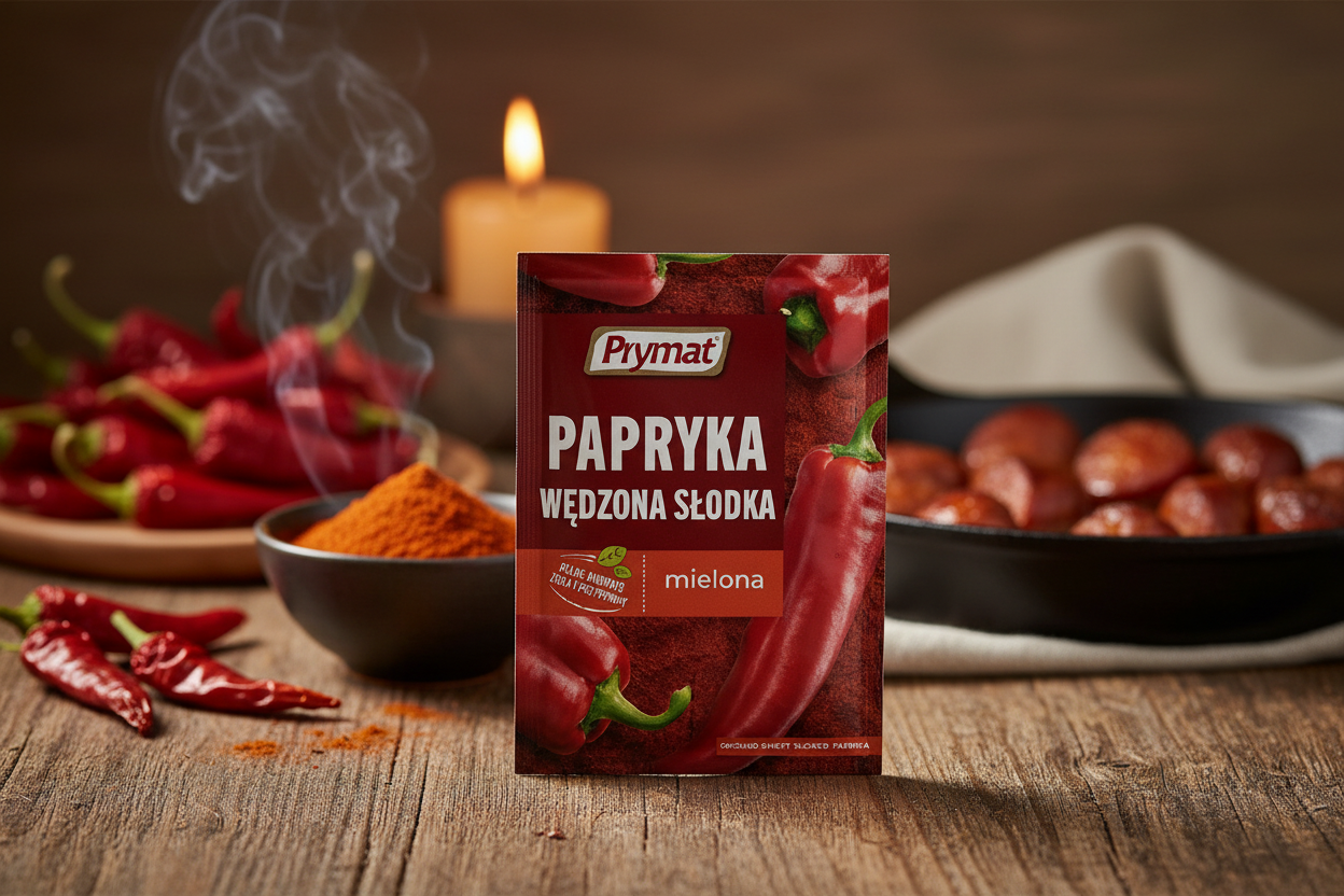 Prymat sweet smoked paprika packet on a rustic wooden table with whole dried red peppers and dark ceramic bowl of deep brick-red smoked paprika powder with wisps of smoke and sizzling cast iron pan with smoky sausage slices in the background