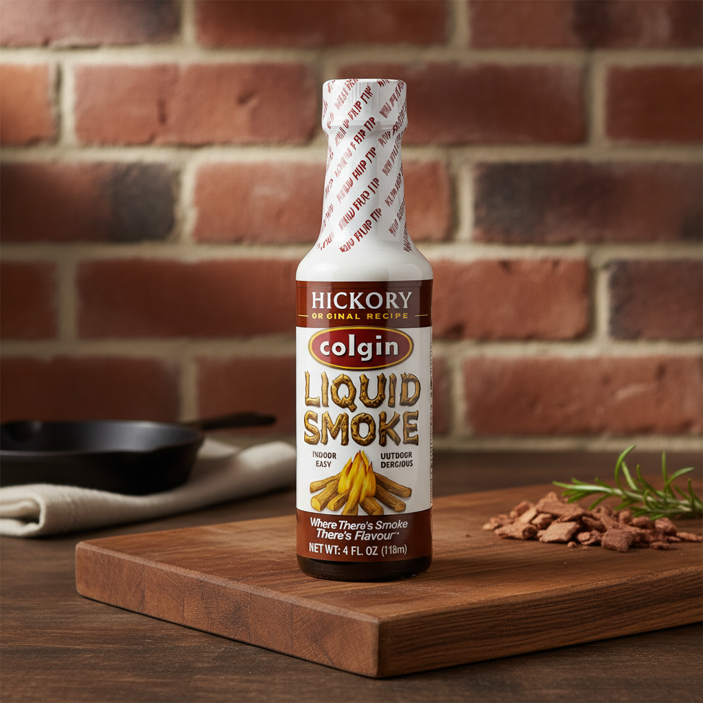 Colgin Hickory Liquid Smoke bottle with premium background