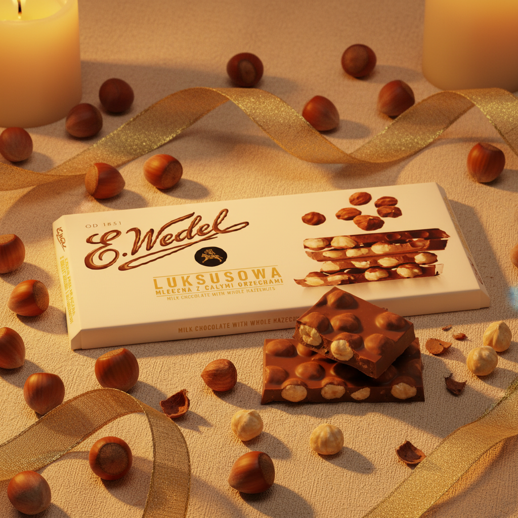 E. Wedel Luksusowa 100g bar on cream linen with whole hazelnuts and gold ribbon by candlelight
